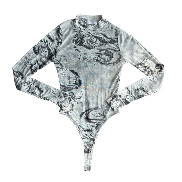 American Vintage Tops - Vintage y2k Gray Dragon‎ Water Print sheer longsleeve Bodysuit small